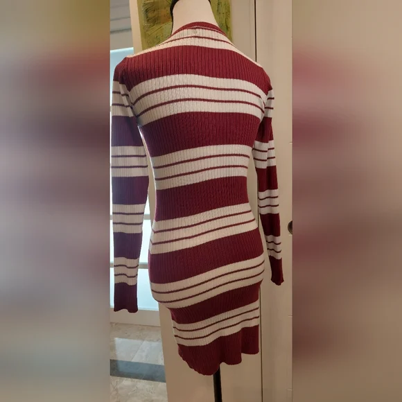 Chic Striped V-Neck Sweater in Burgundy and White - Picture 4 of 6